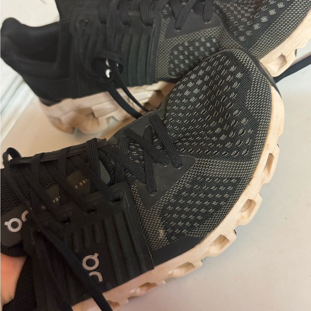 On Running Black and Tan Sneakers with Geometric Design